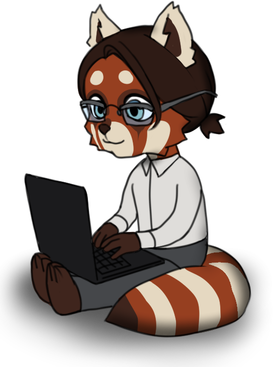 mitya_programming.png Простой цифровой рисунок антропоморфной красной панды в очках, сидящей за ноутбуком и улыбающейся.